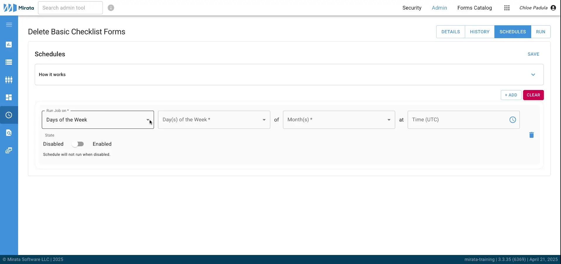 Mirata platform Delete Basic Checklist Forms Schedules page