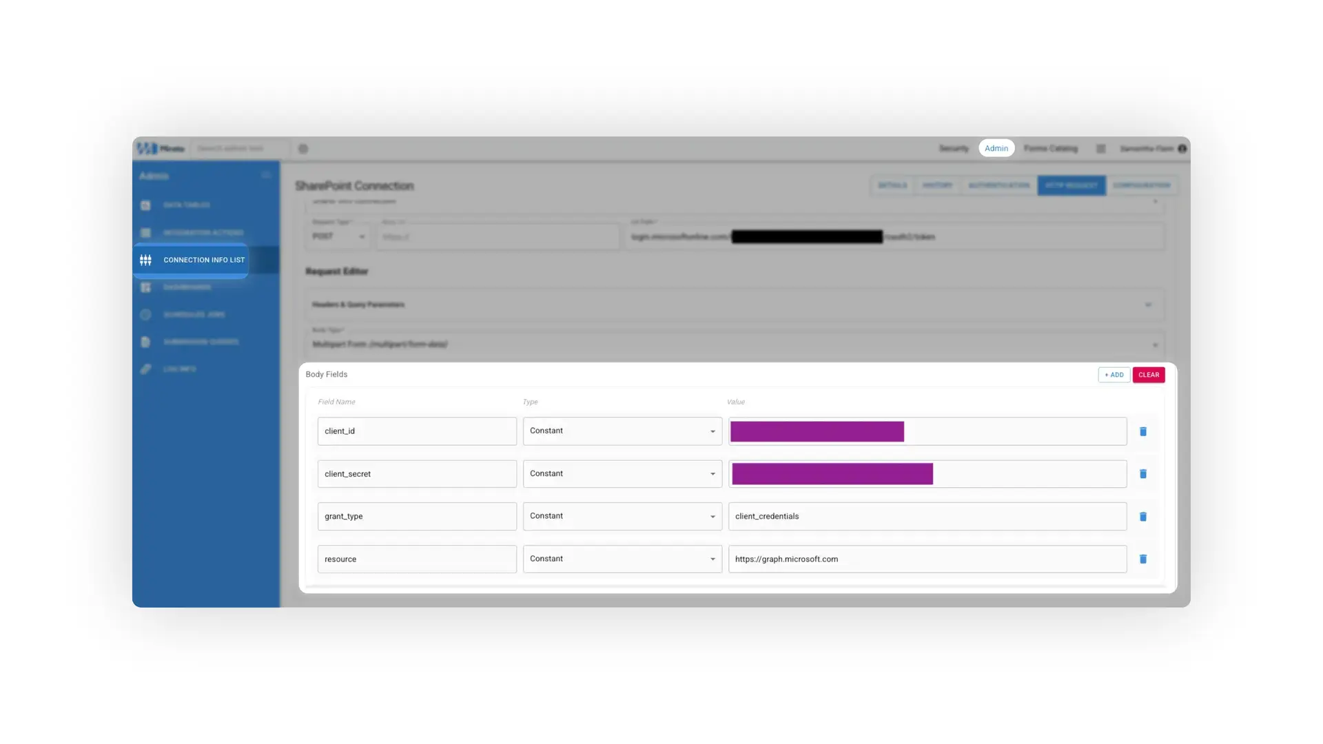 Mirata Admin interface showing SharePoint Connection HTTP Request setup