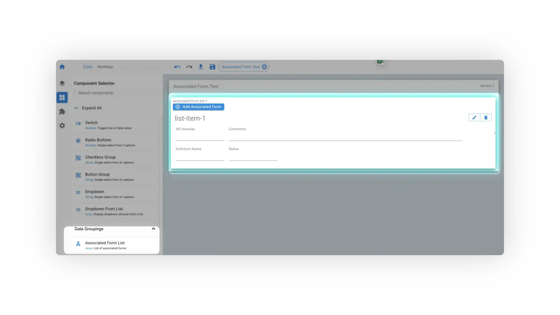 Mirata platform - Associated Form Test screen for setting up associated form controls