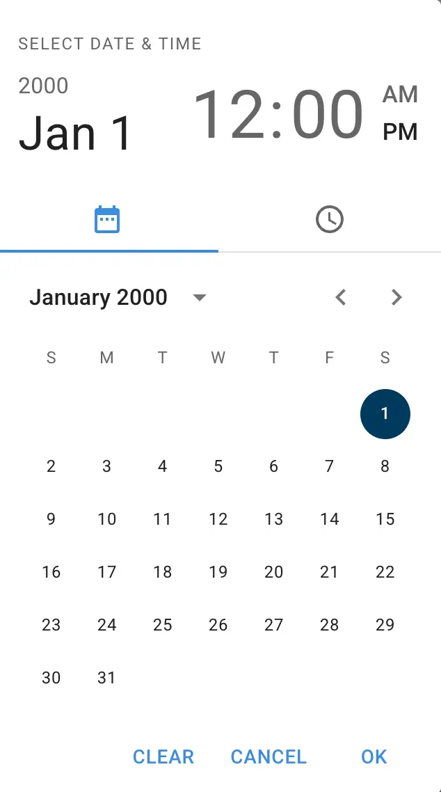 Mirata platform date and time selection interface for January 2000.