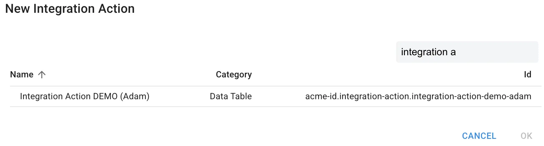 Mirata New Integration Action screen showing integration action details and options to cancel or confirm.