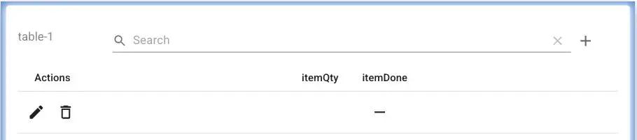 Mirata platform table-1 with search bar, add and close buttons, and columns for actions, item quantity, and item done status.