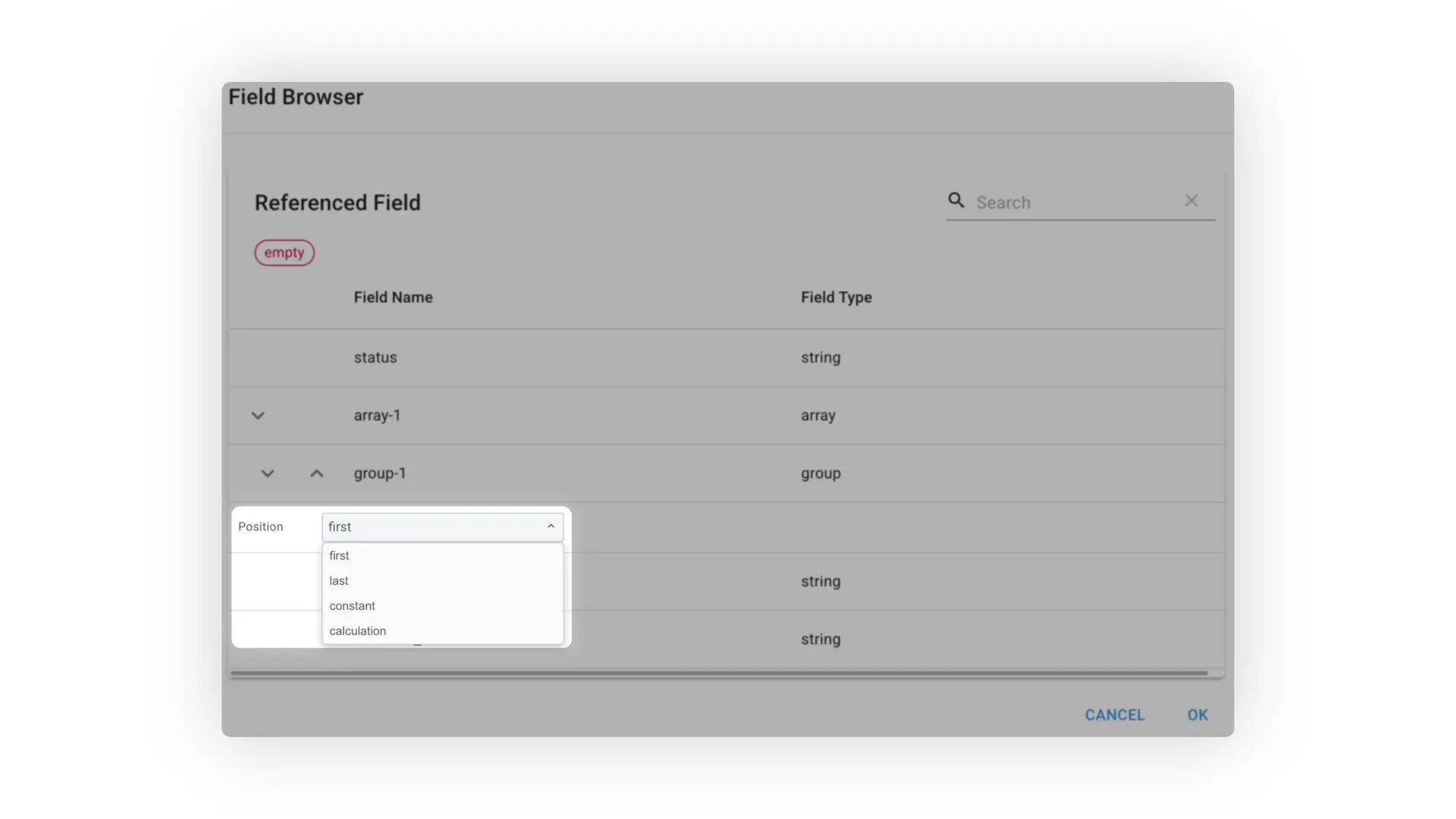 Mirata Field Browser interface for position-based calculations in forms.