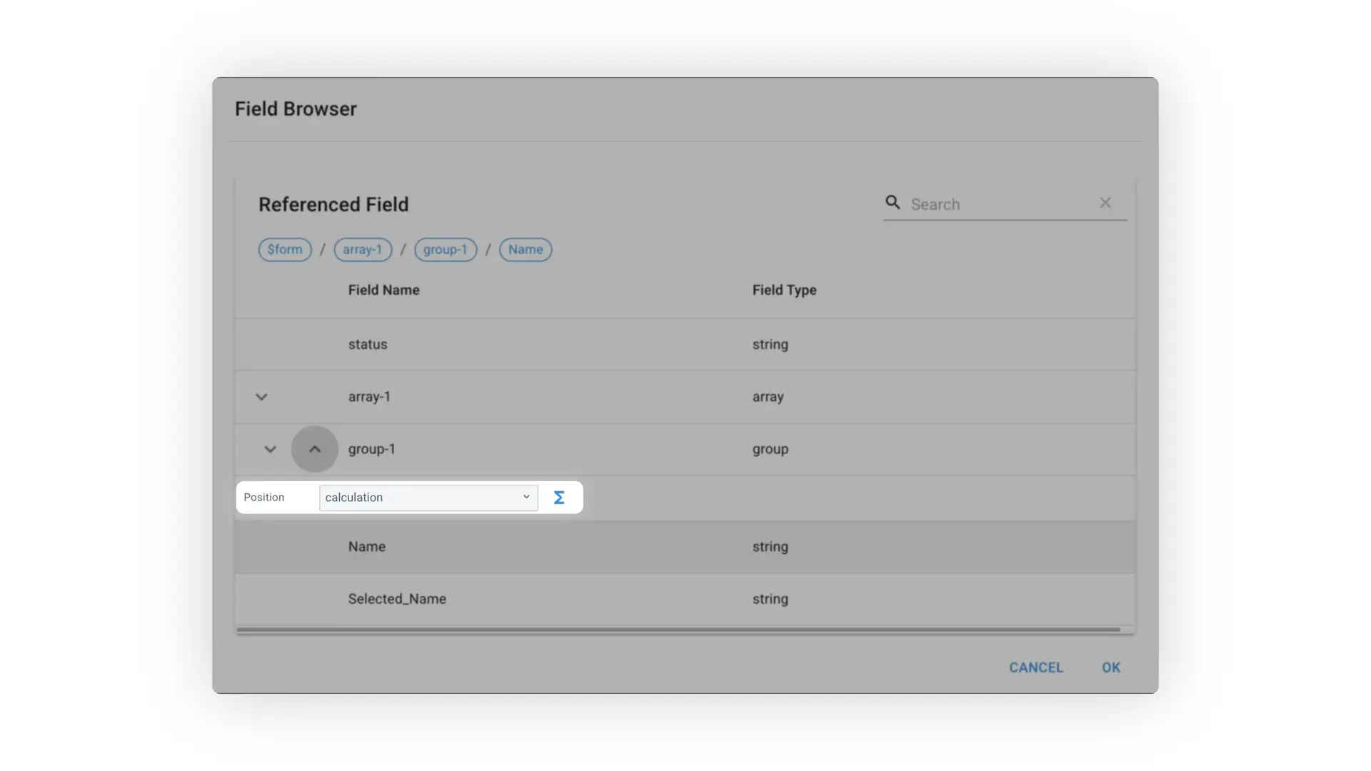 Mirata Field Browser interface for position-based calculations in forms