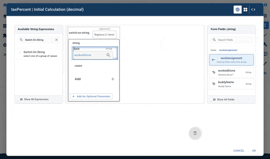 Mirata Calc Editor interface for taxPercent initial calculation using switch-on-string expression.