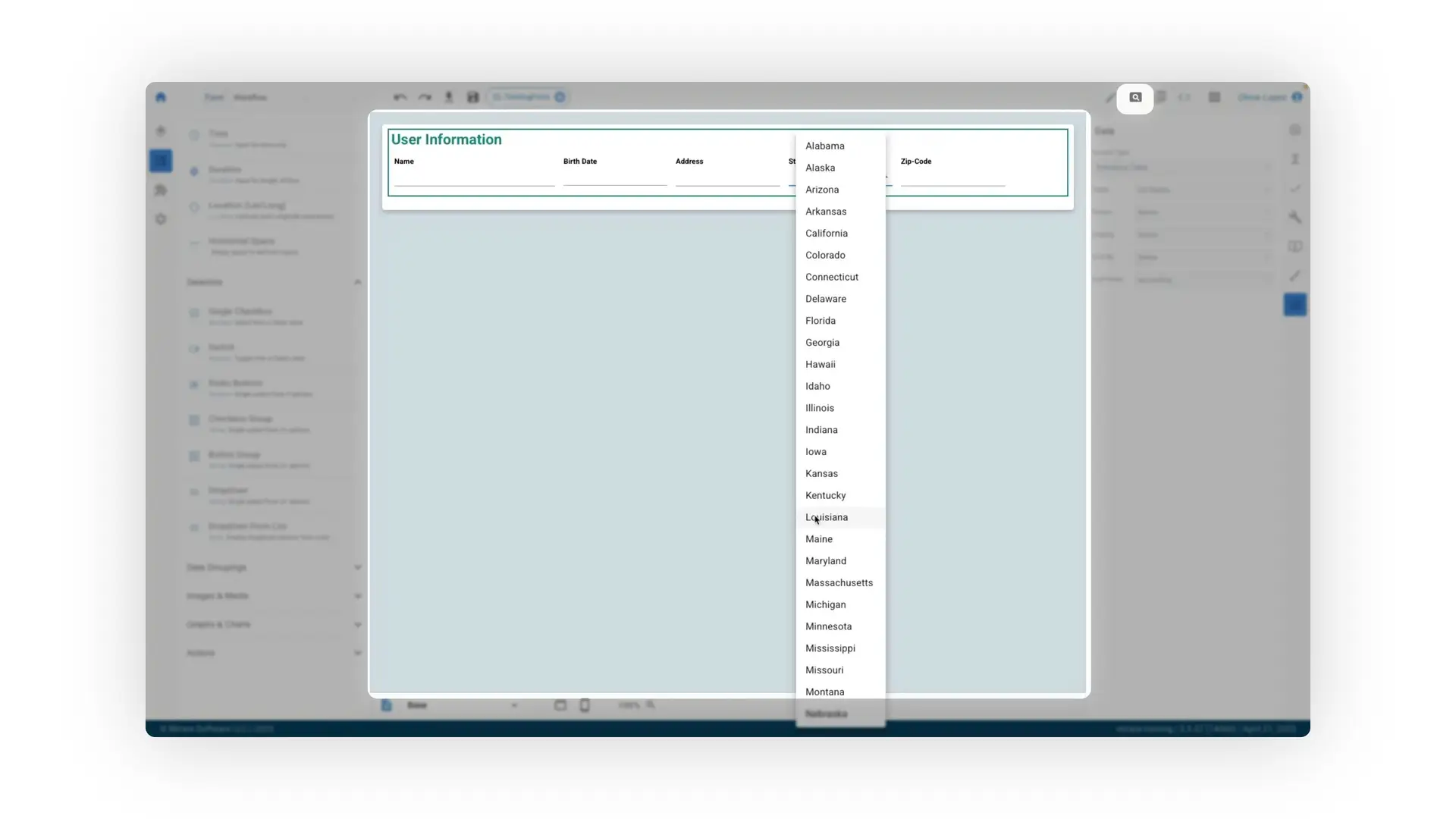 The user is creating a form and has selected the "Dropdown From List" option. The user is currently selecting a state from the dropdown list, which is populated from the "US States" reference table.