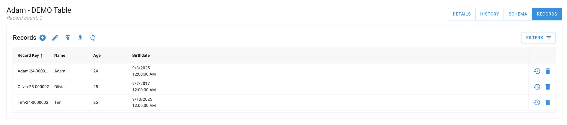 Mirata Data Management - Adam DEMO Table Records