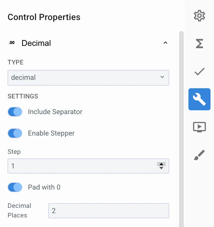 Mirata Control Properties panel for Decimal Input configuration