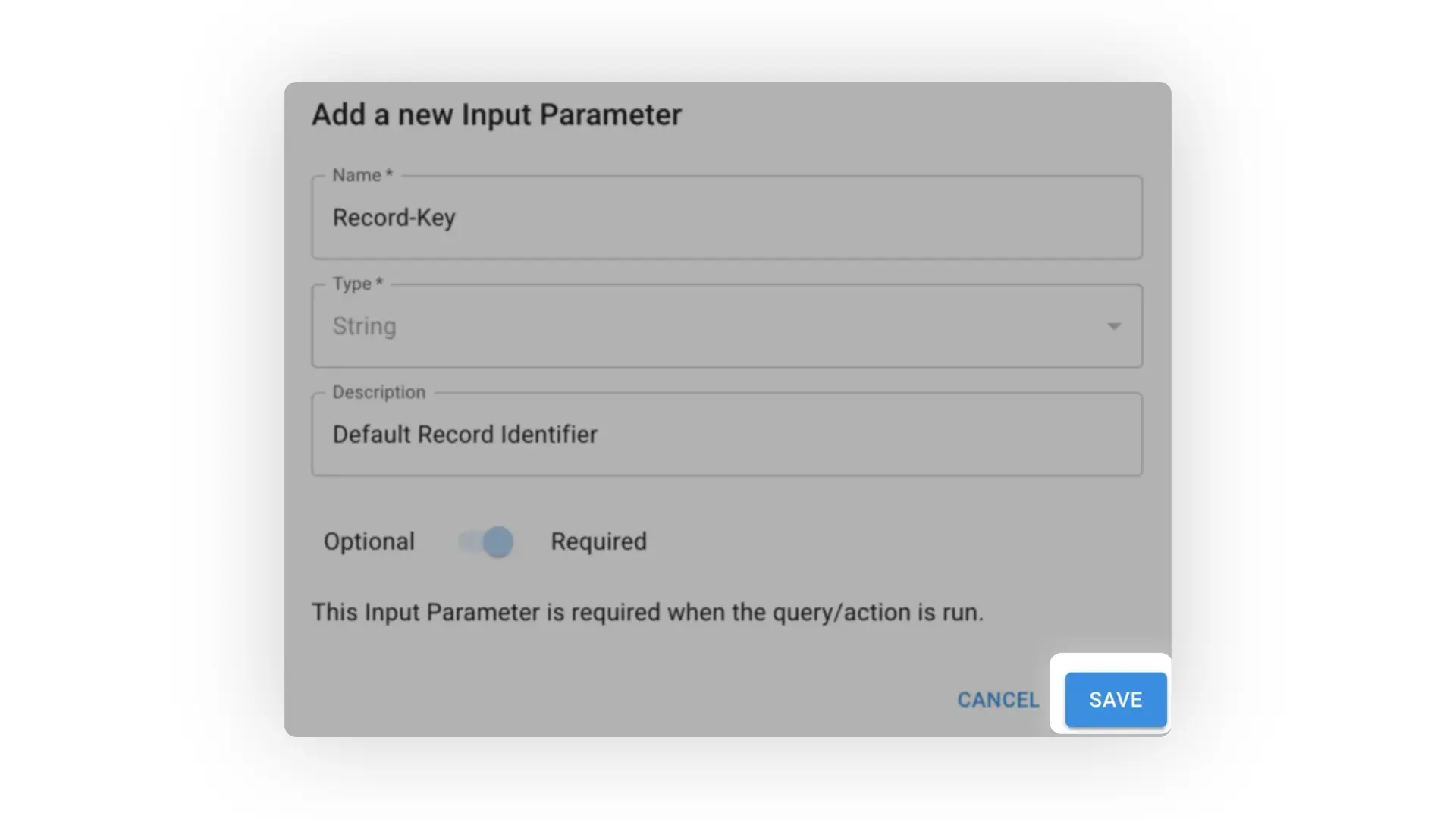 Mirata Workflows - Add a new Input Parameter screen