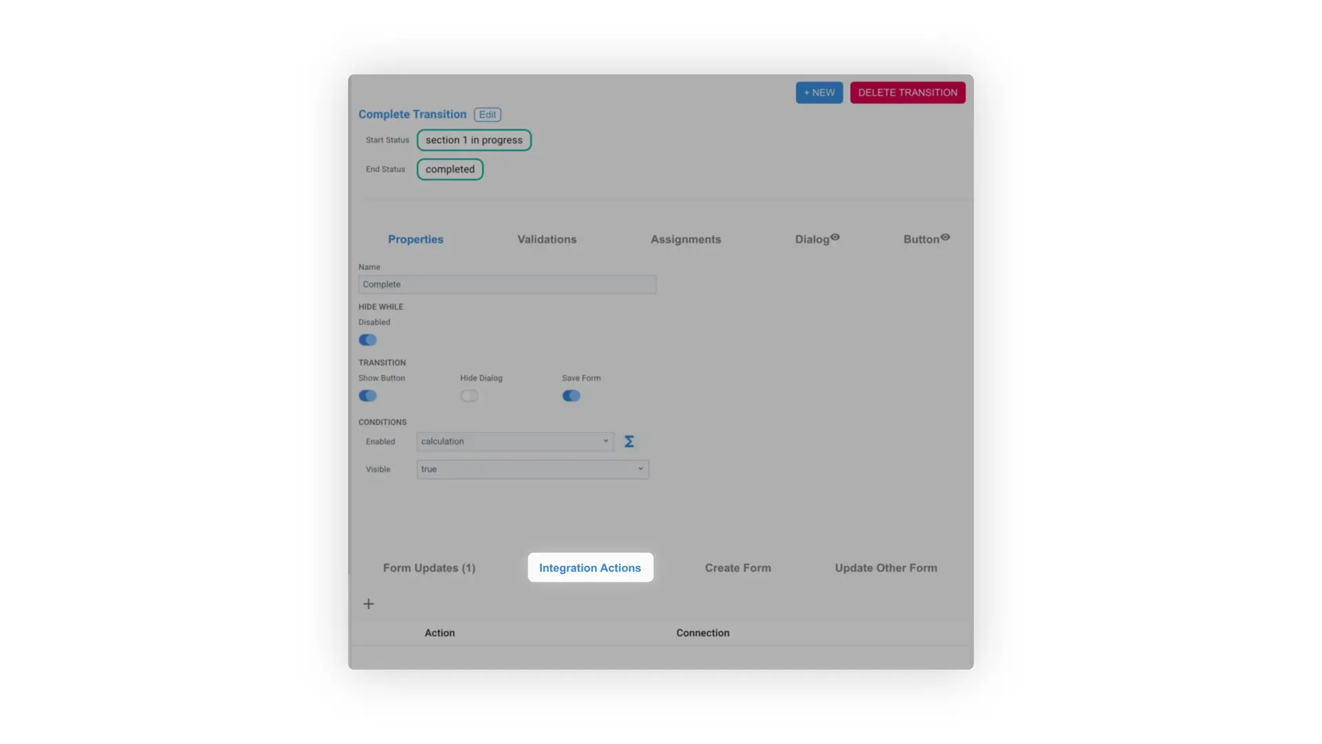 Mirata workflow transition configuration screen showing properties and integration actions.