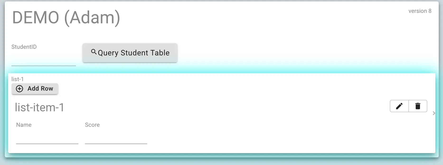 Mirata Forms interface with action buttons for querying student table and managing list items.