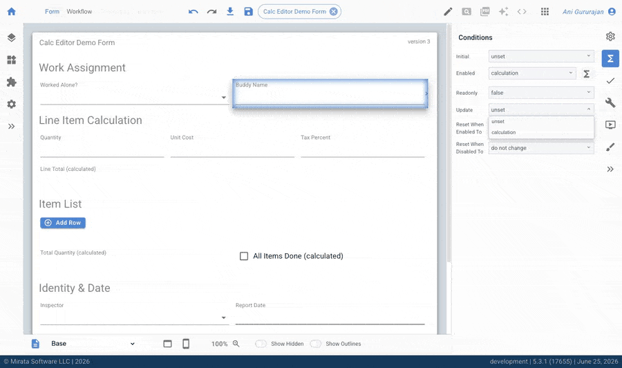 Mirata Calc Editor Demo Form with Conditions panel