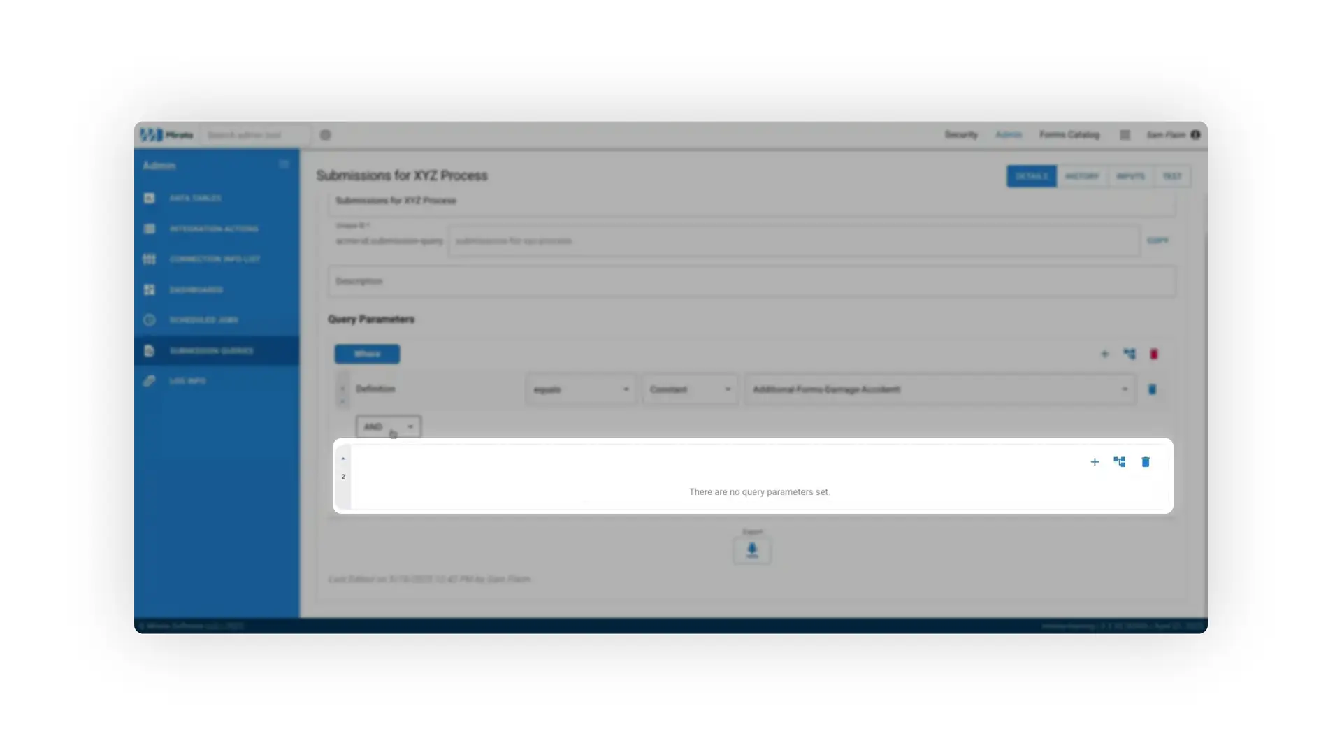 Mirata Admin panel showing Submissions for XYZ Process with query parameters setup.