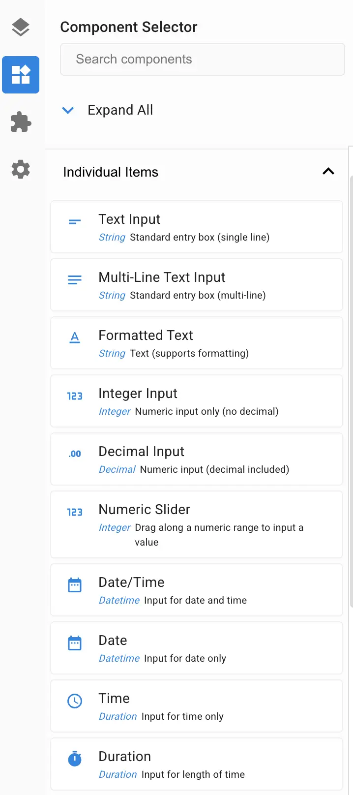 Mirata Component Selector panel showing Individual Items like Text Input, Multi-Line Text Input, Formatted Text, Integer Input, Decimal Input, Numeric Slider, Date/Time, Date, Time, and Duration.