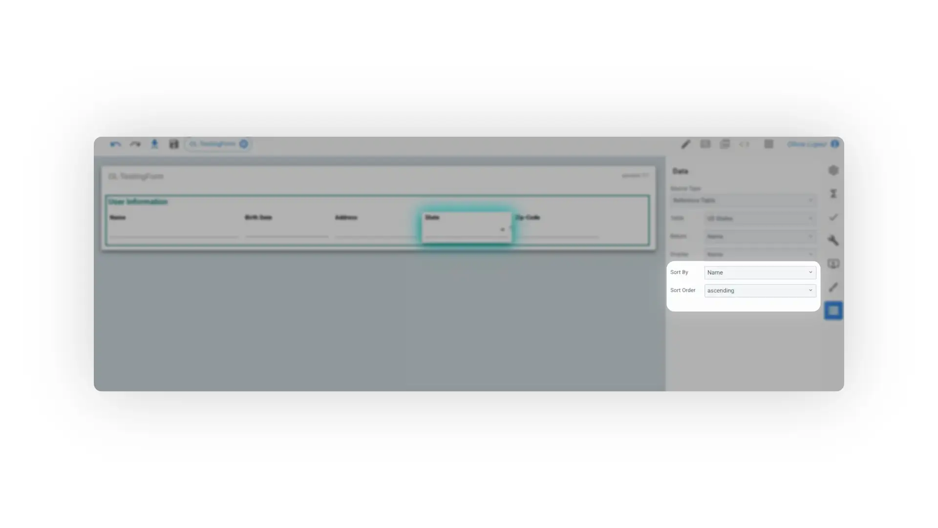 Mirata platform screenshot showing OL-TestingForm with a dropdown field for State sourced from a data table.