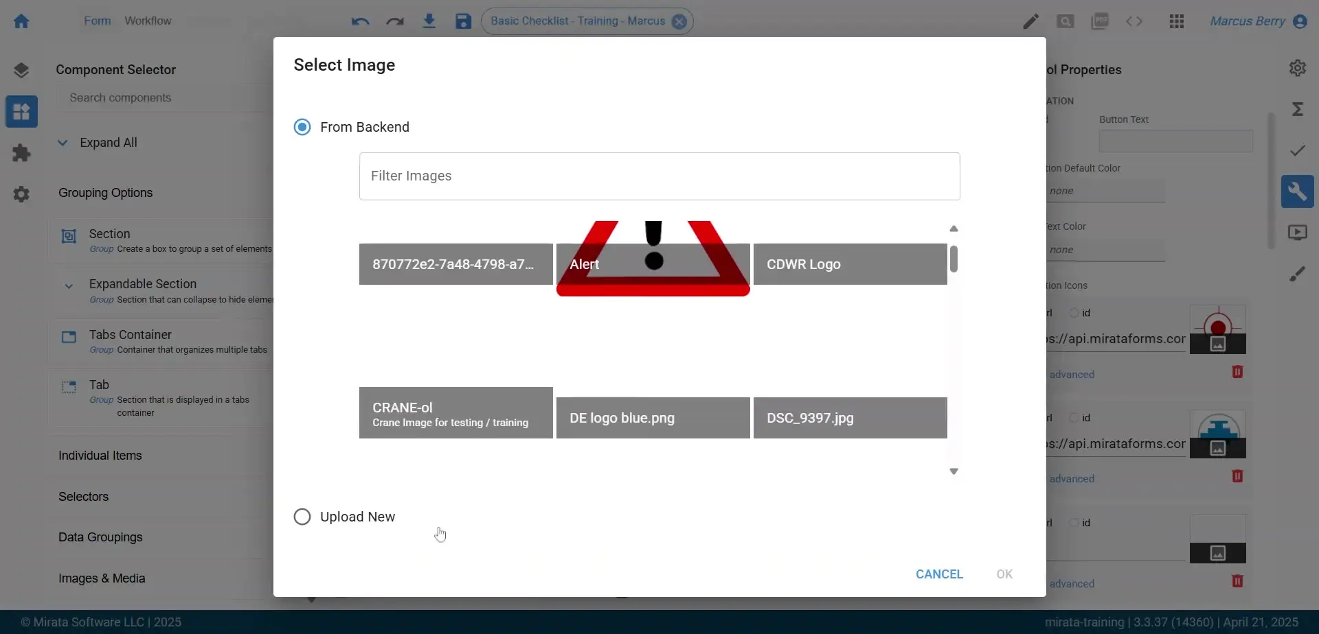 The user is selecting an image from the backend within the Mirata platform. The 'Select Image' dialog is open, displaying available images and options to filter or upload a new image.