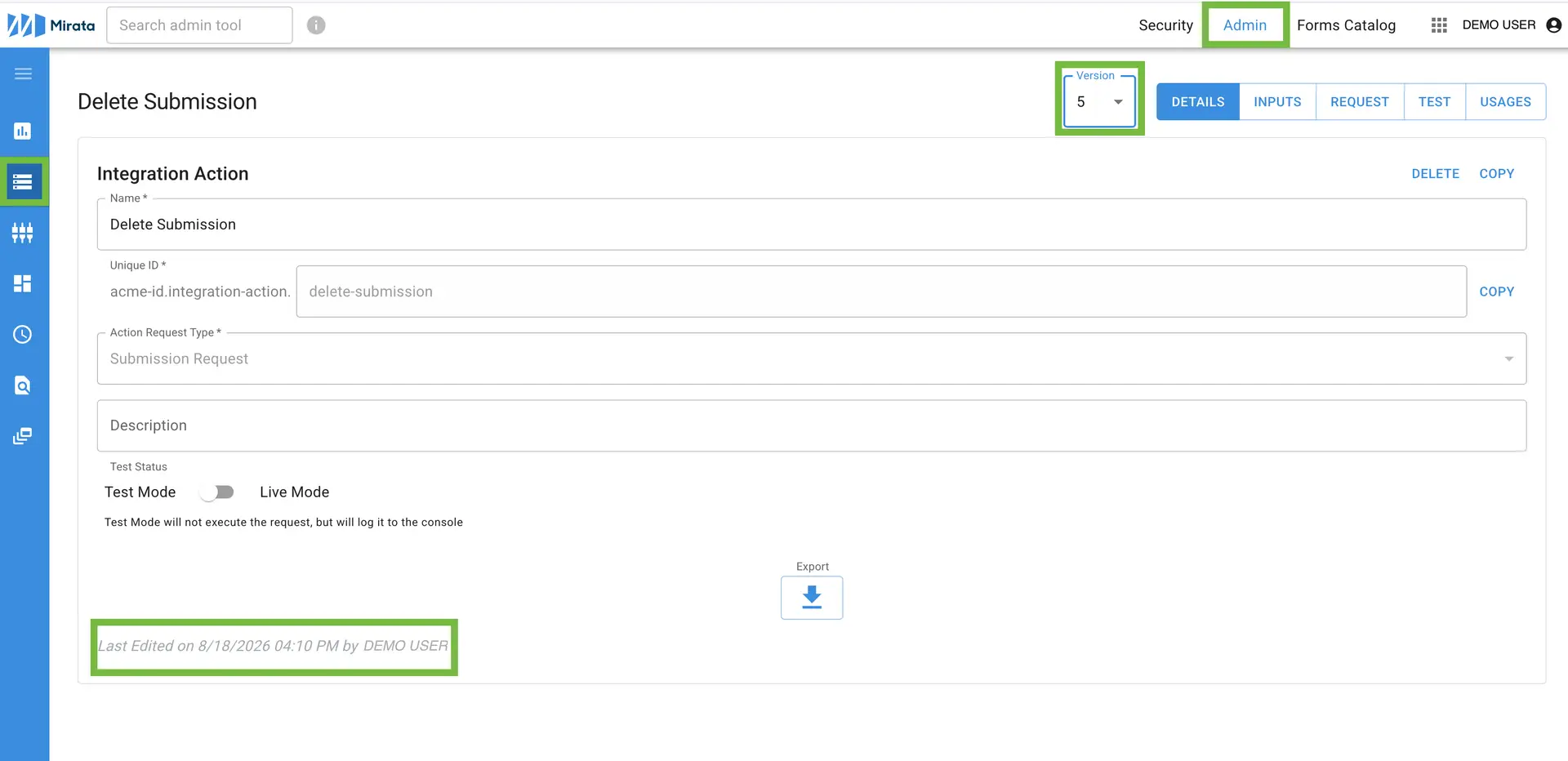 Mirata Admin Delete Submission Integration Action Version 5