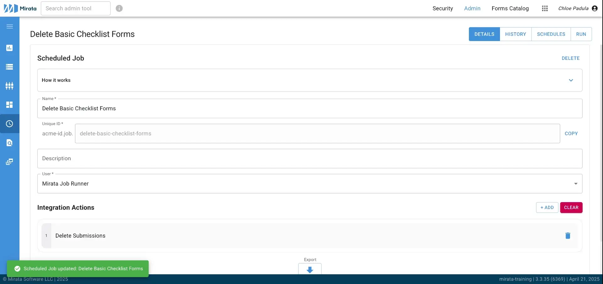Mirata Admin - Delete Basic Checklist Forms workflow page