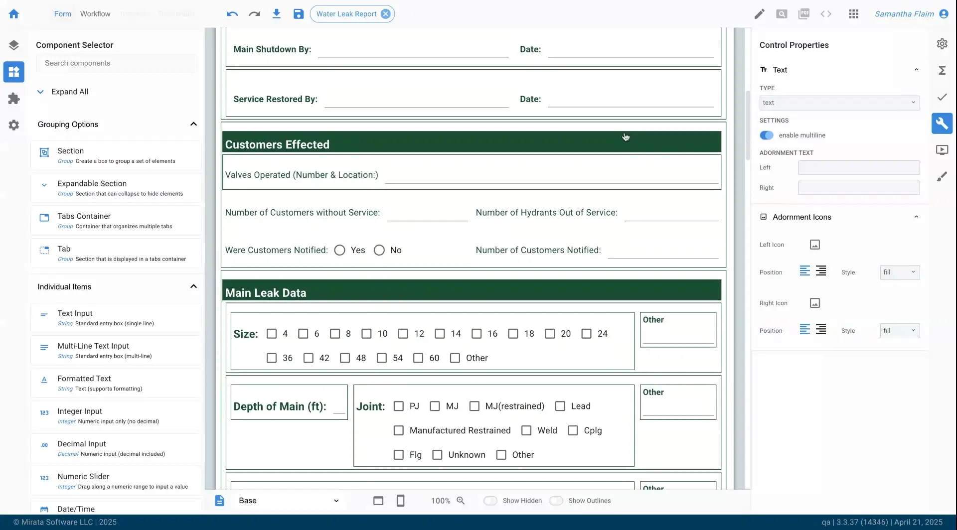 Mirata form design interface for Water Leak Report with component selector and control properties.