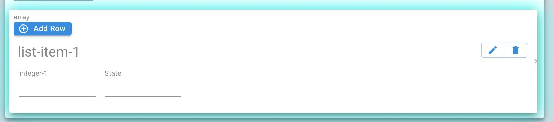 Mirata Forms feature showing an array field with options to add, edit, or delete a row.