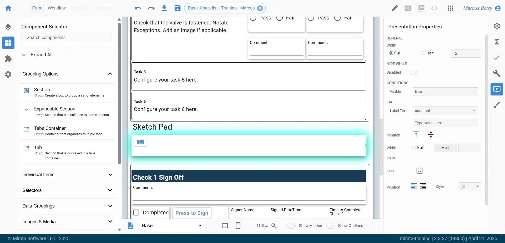 The user is adding a custom icon to a sketchpad within the Mirata platform, utilizing the presentation properties panel to customize the icon's appearance and position.