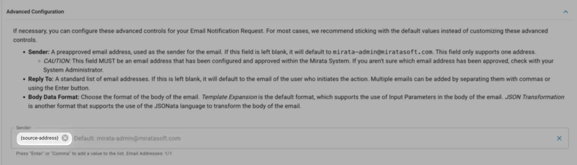 Mirata Email Automation Advanced Configuration screen for Workflows