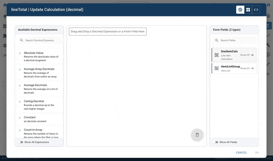 Mirata Calc Editor interface for updating decimal calculations with available expressions and form fields.