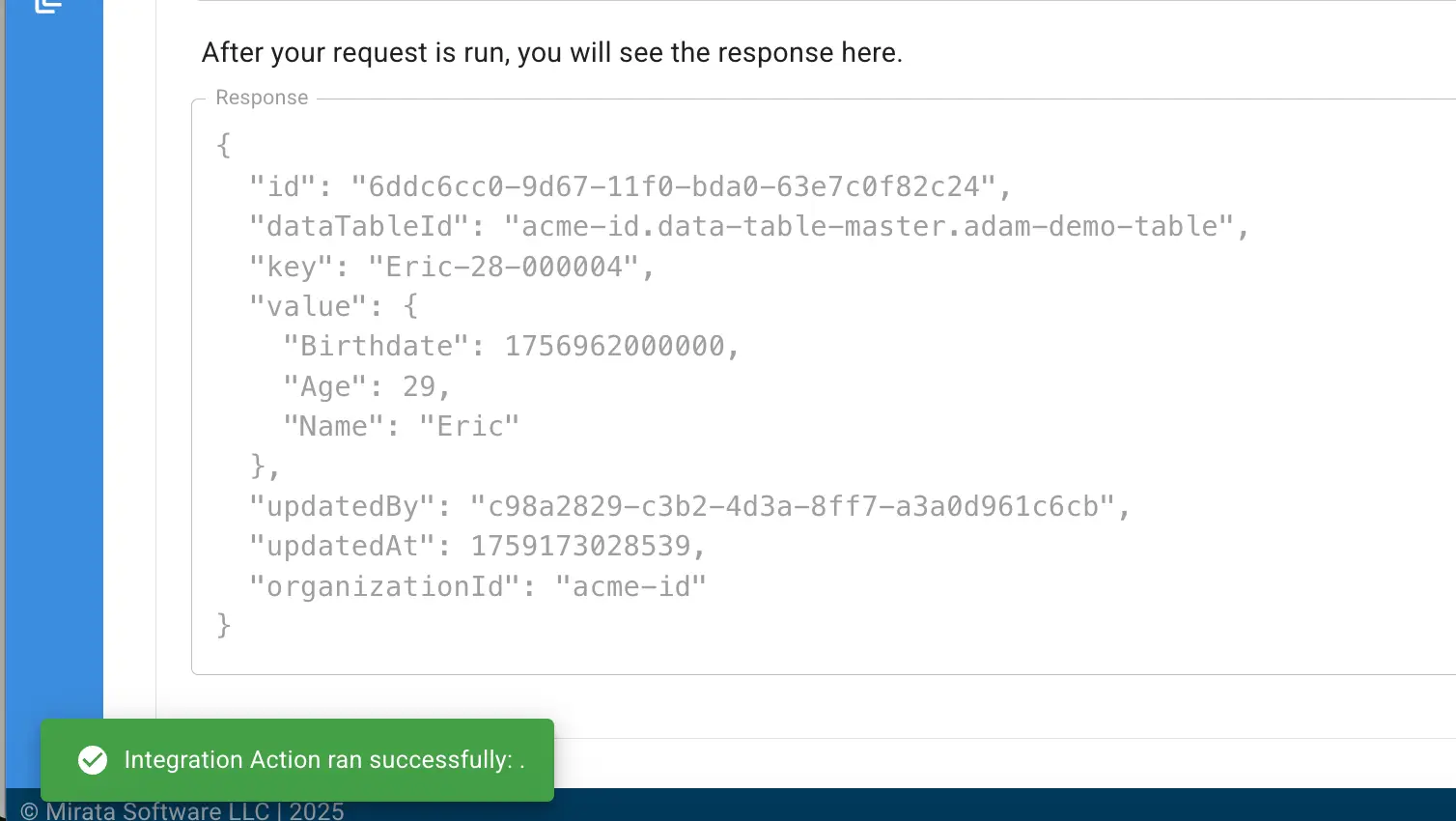 Mirata Data Management - Data Table Request Response