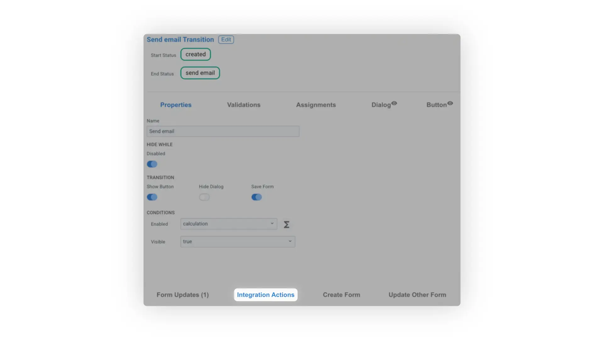 Mirata workflow email transition configuration screen showing properties and conditions settings.
