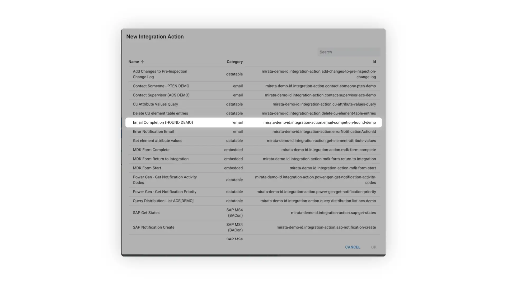 Mirata New Integration Action screen for connecting integration actions to workflows