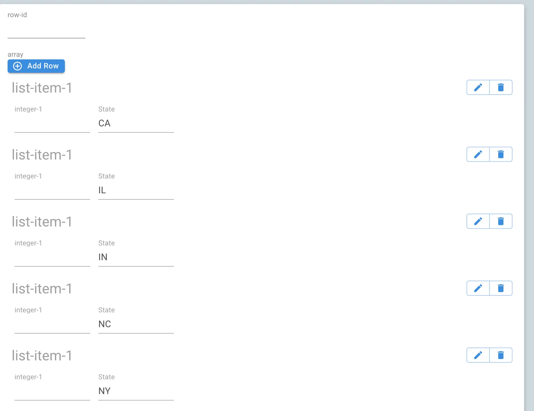 Mirata form interface showing array field with row selection and state entries.