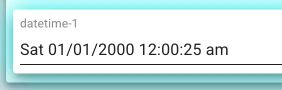 Mirata platform date and time component labeled datetime-1 showing Sat 01/01/2000 12:00:25 am.