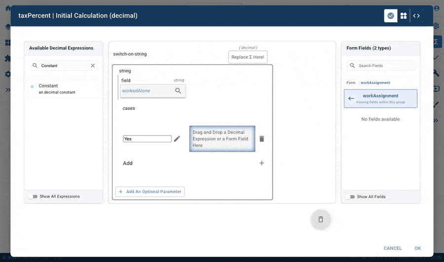 Mirata Calc Editor interface for taxPercent initial calculation with switch-on-string configuration.