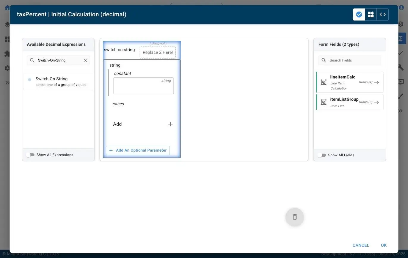 This screenshot shows the Mirata platform's interface for designing calculations. It displays available expressions like 'Switch-On-String' and form fields such as 'lineltemCalc' and 'itemListGroup'.