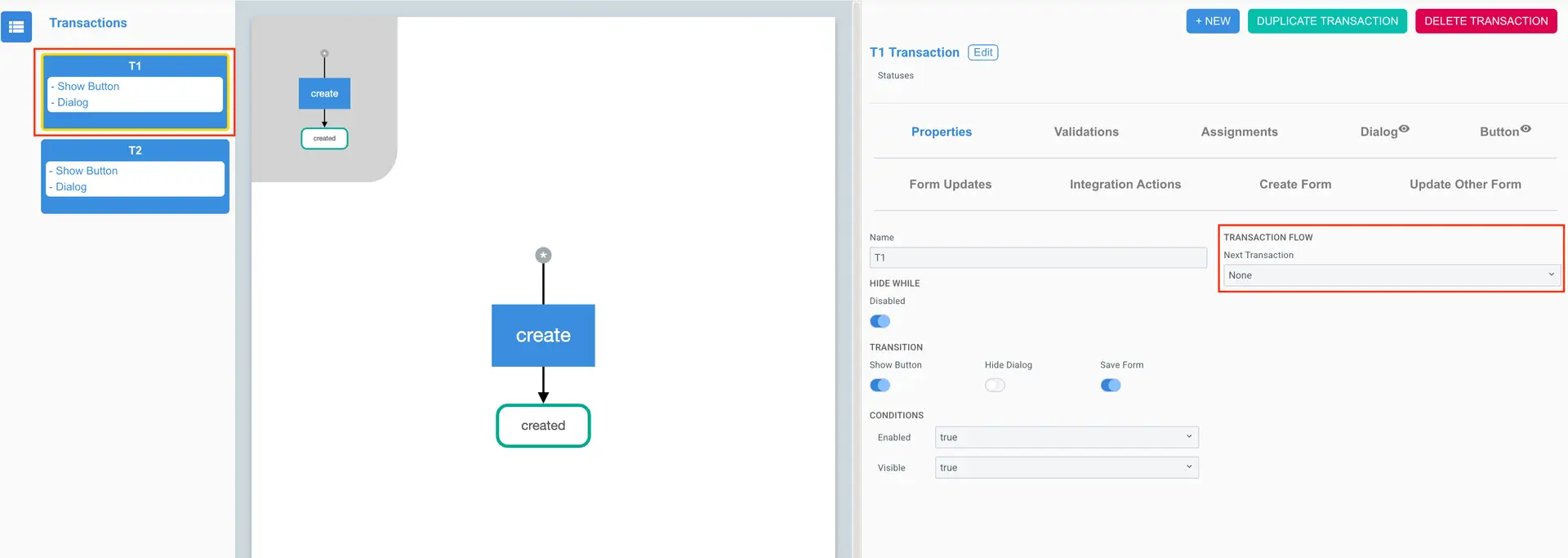 Mirata Workflow Editor showing T1 Transaction properties and flow diagram