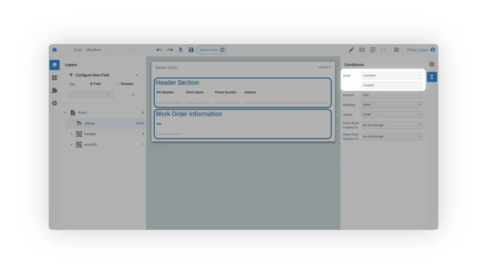 Mirata Forms Designer Preview showing Demo Form with Header Section and Work Order Information