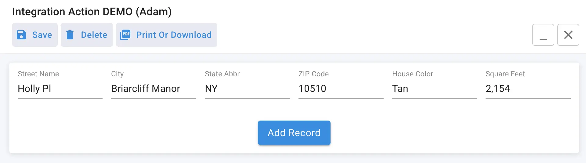 Mirata Integration Action DEMO screen showing data entry fields and action buttons for workflows.