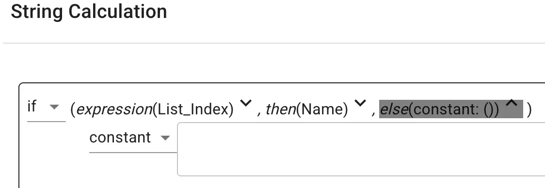 Mirata Forms String Calculation interface showing an if statement with expression and constant options.