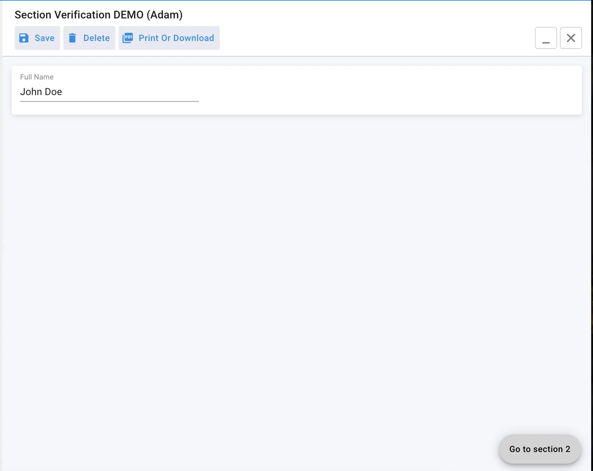 Mirata platform form interface for Section Verification DEMO with options to save, delete, print, and navigate to section 2.