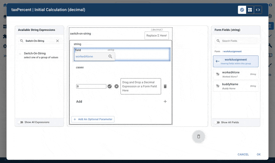 Mirata Calc Editor interface for taxPercent initial calculation with switch-on-string expression setup.