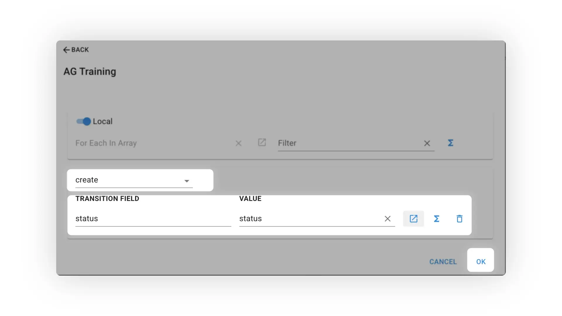 Mirata AG Training form creation screen with local toggle, transition field and value settings.
