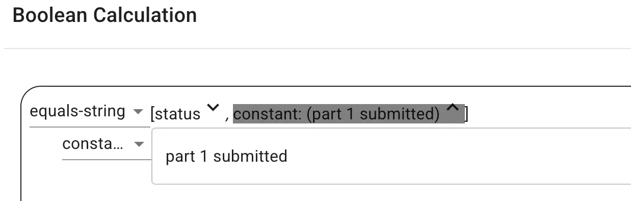Mirata Forms Boolean Calculation setup screen showing status condition for part 1 submitted.