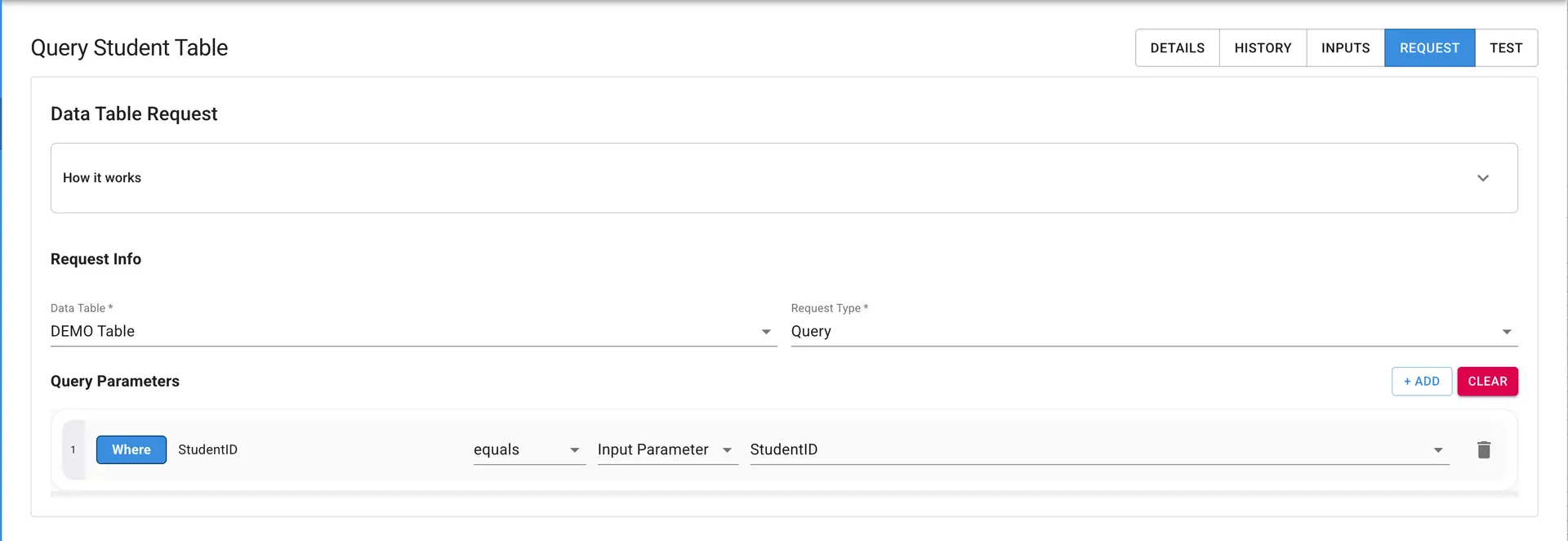 Mirata Query Student Table screen with active Request tab