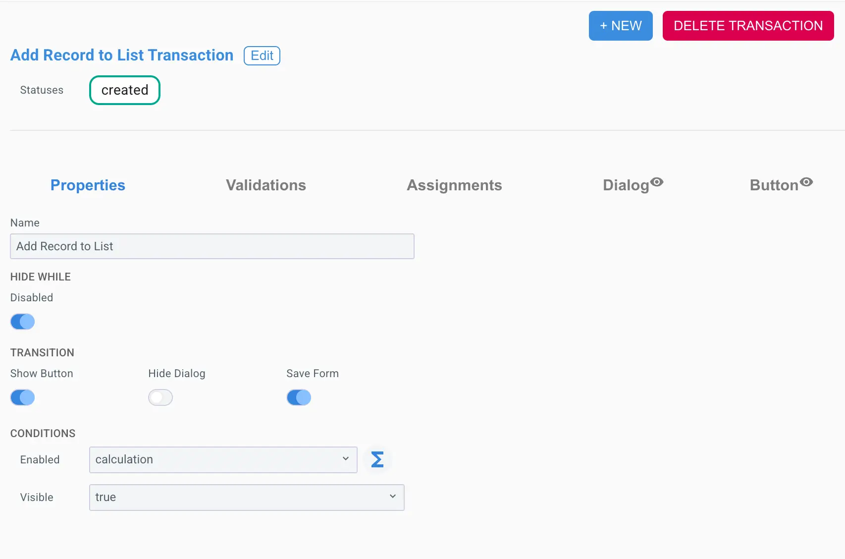 Mirata Forms Add Record to List Transaction screen with Properties tab active
