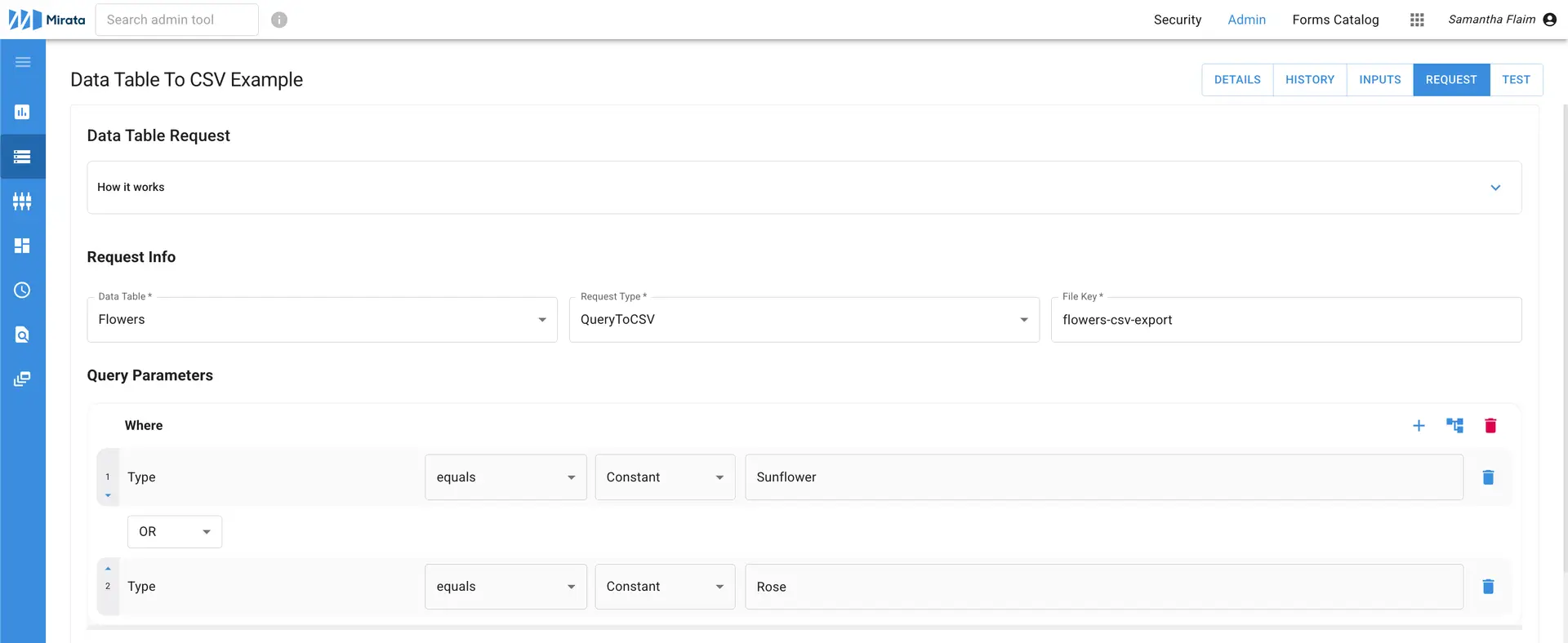 Mirata Data Table To CSV Example page for exporting data with query parameters.