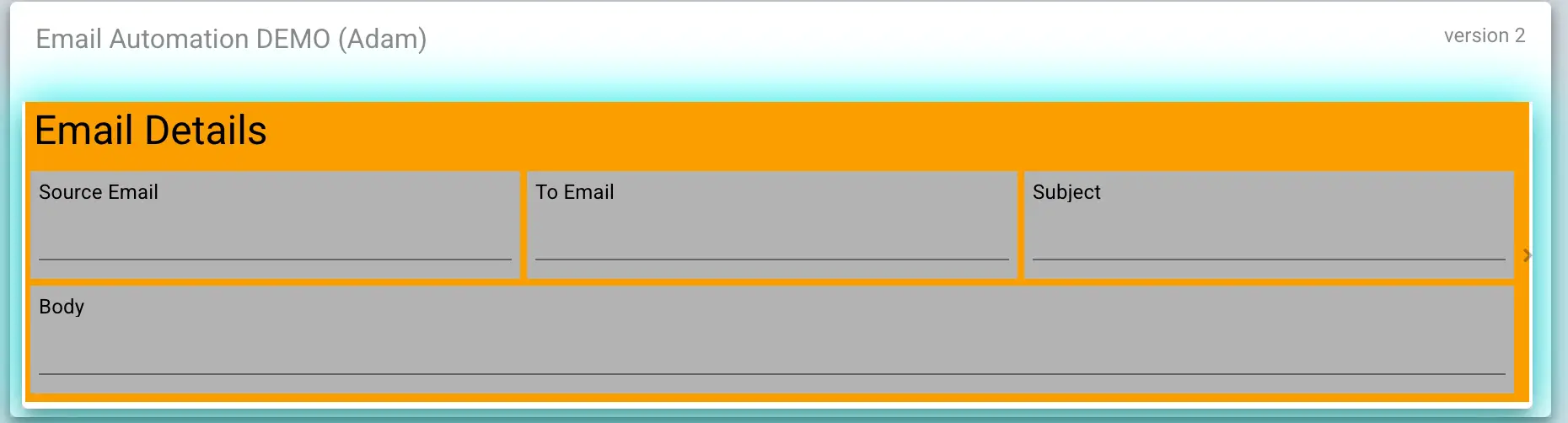 Mirata Email Automation DEMO interface showing Email Details section with fields for Source Email, To Email, Subject, and Body.