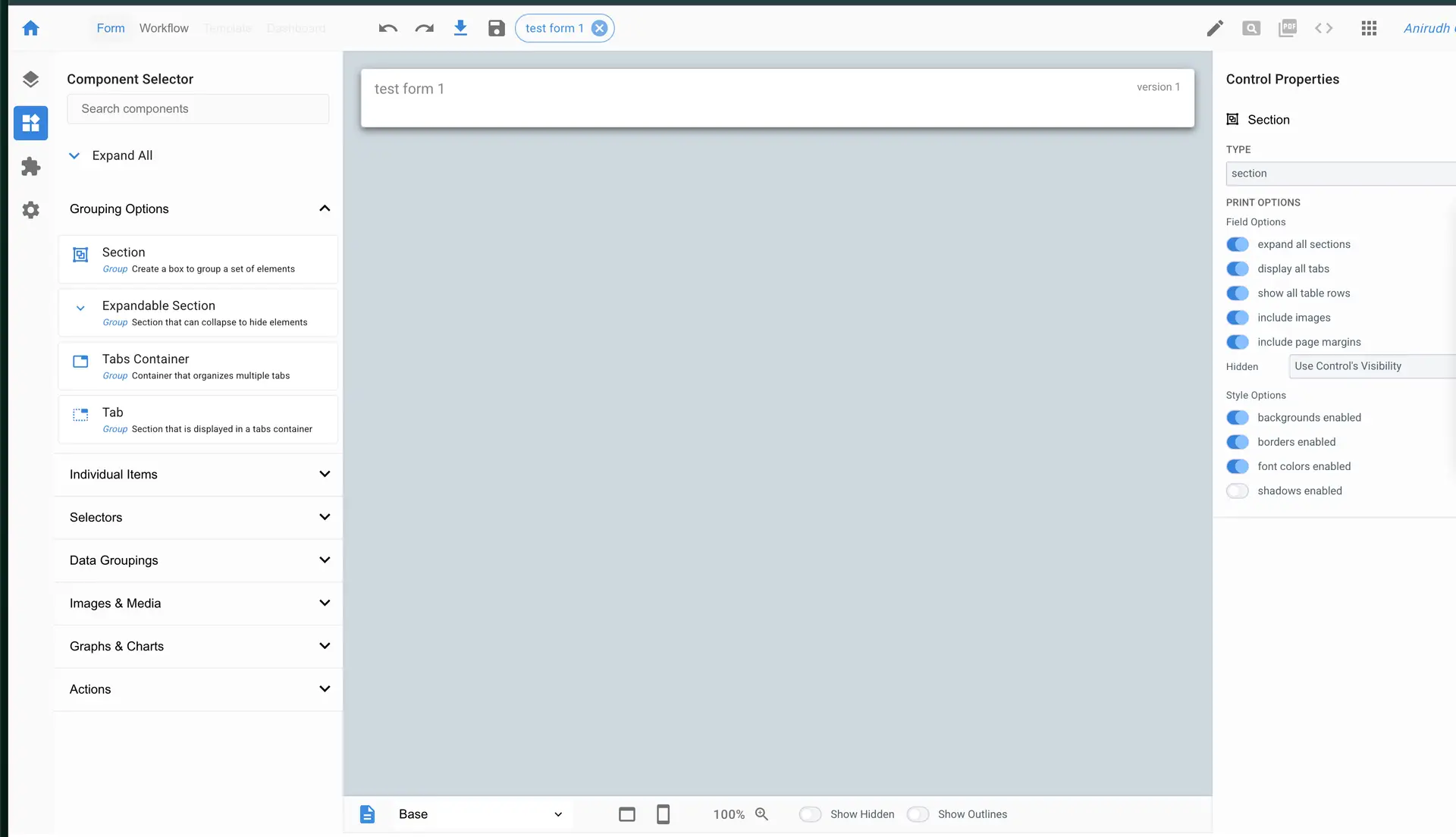 Mirata Form Creation Interface with Component Selector and Control Properties