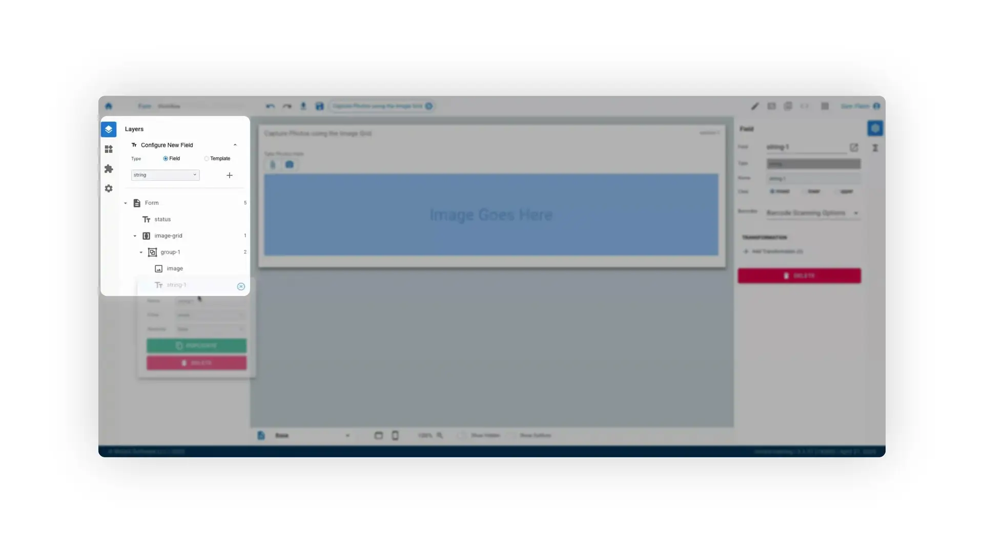 Mirata platform interface for configuring a digital form with image grid and field settings.