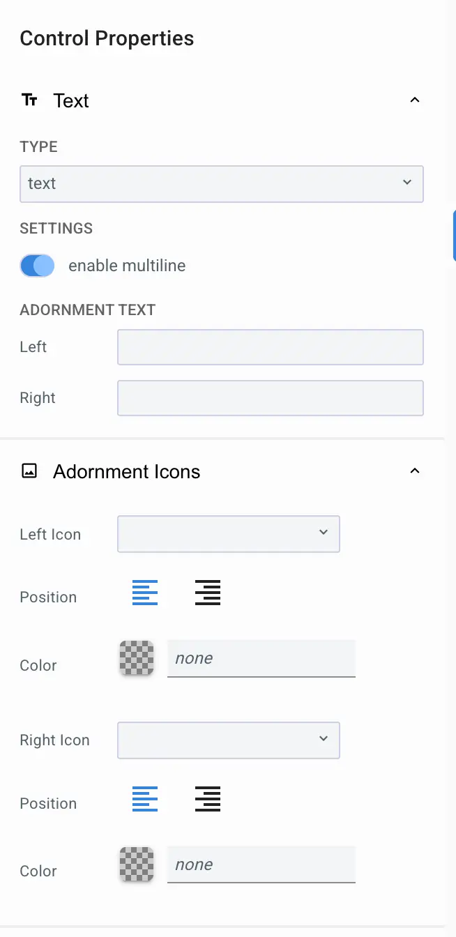 Mirata Control Properties panel for text input configuration