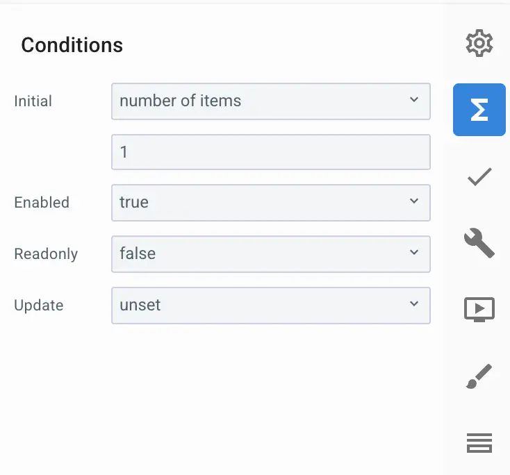 Mirata platform Conditions section with configuration fields and action toolbar